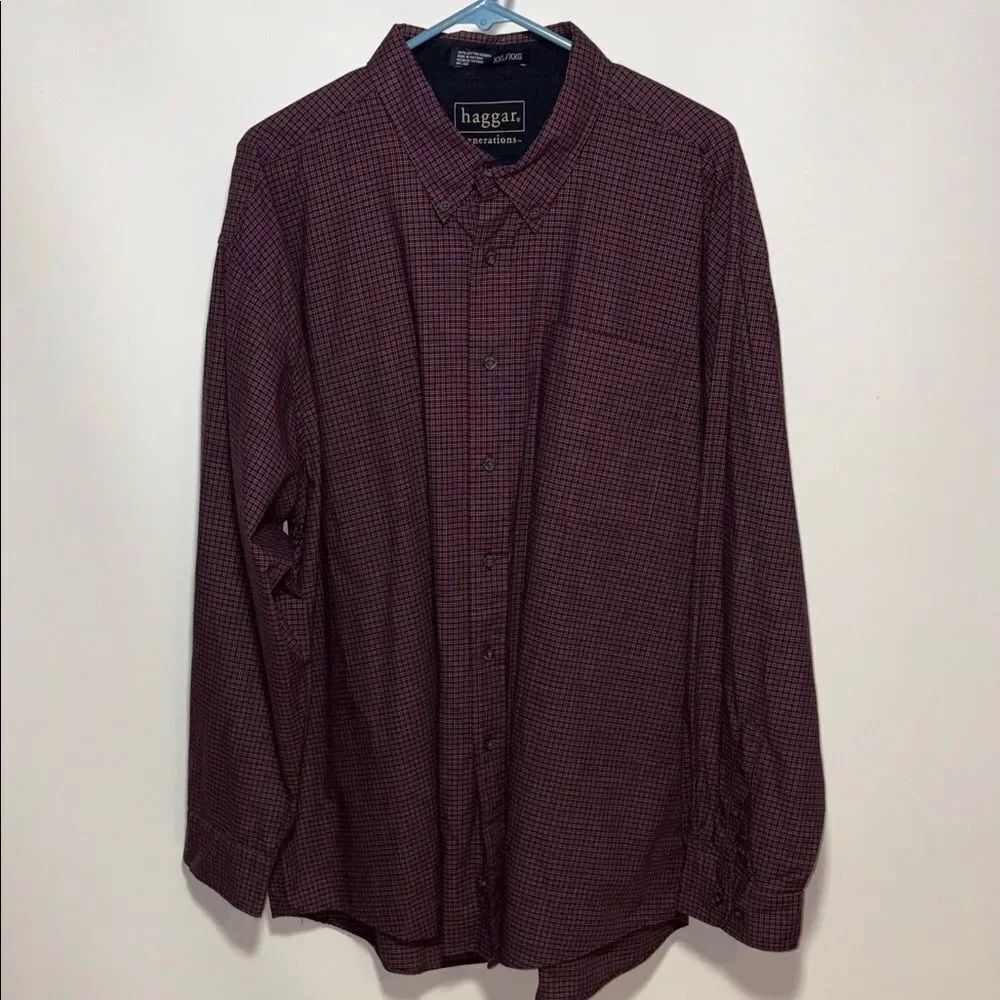 Haggar Men's Maroon Plaid Button Down Shirt
